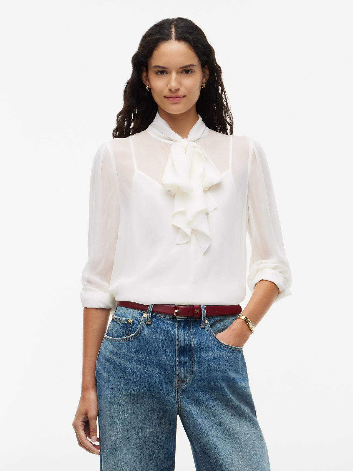 Cream Crinkle Georgette Bow Blouse