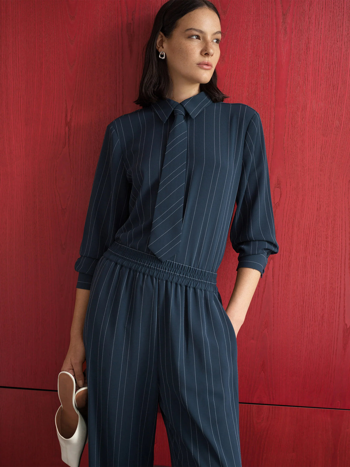 Erma Navy Pinstripe Detachable Tie Long Sleeve Shirt