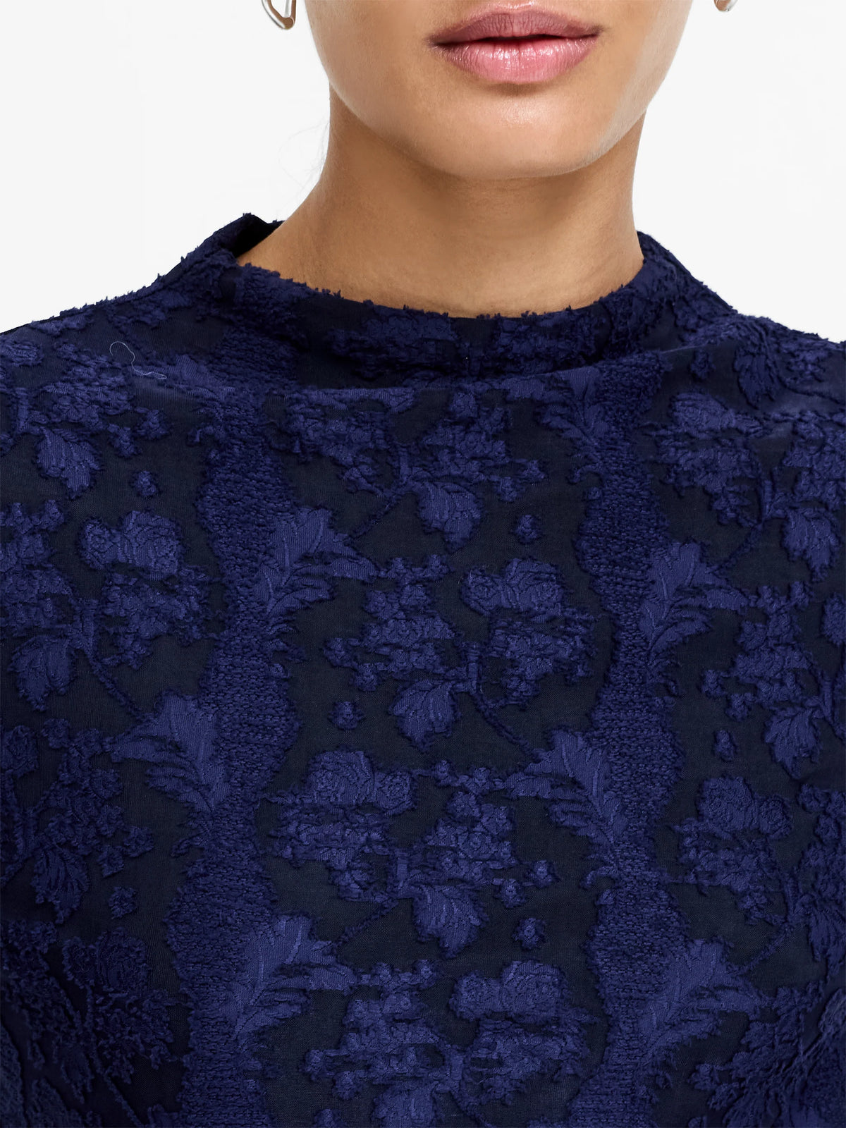 Leslie Navy Floral Jacquard Mesh Mock Neck Top