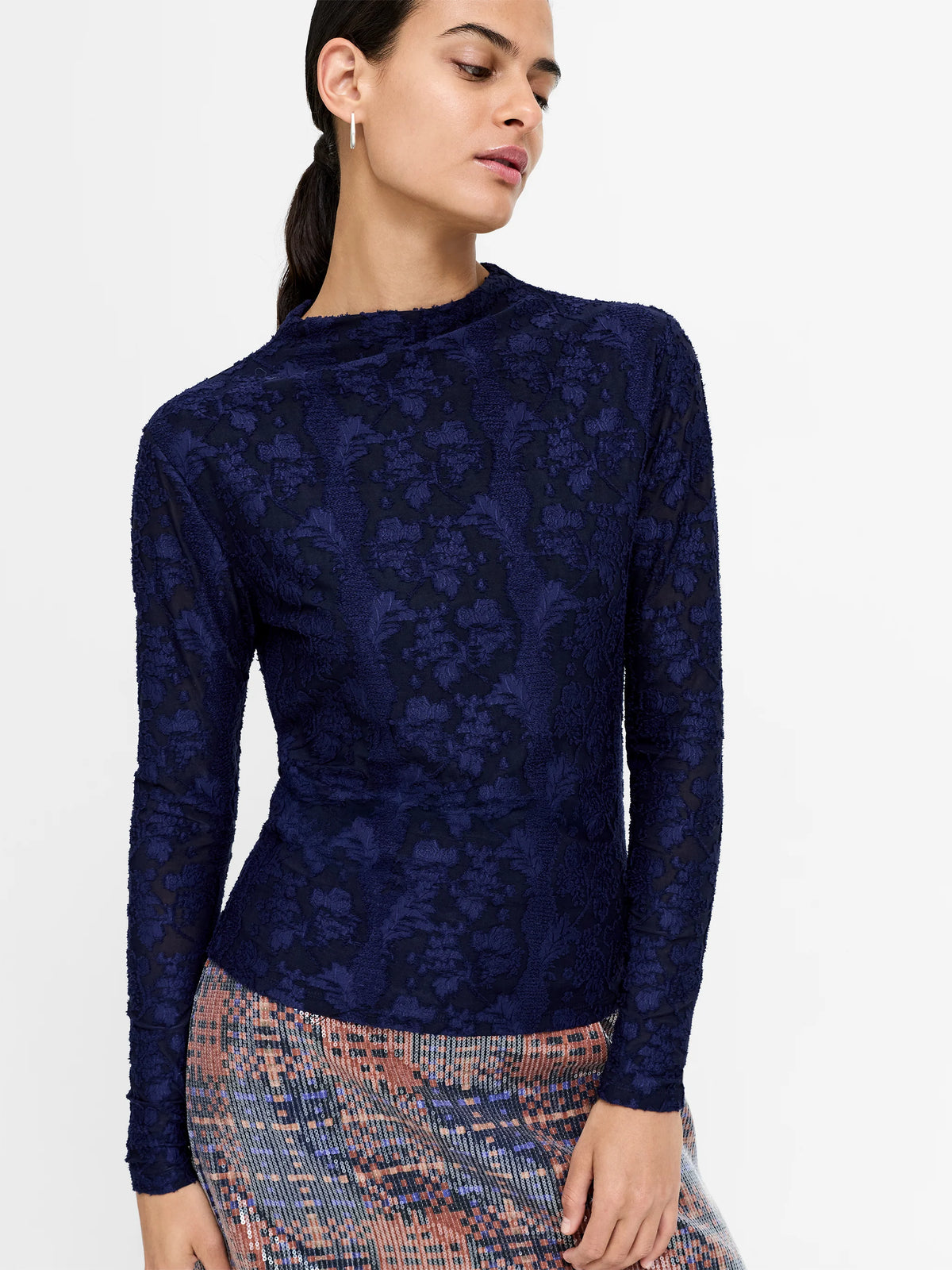 Leslie Navy Floral Jacquard Mesh Mock Neck Top