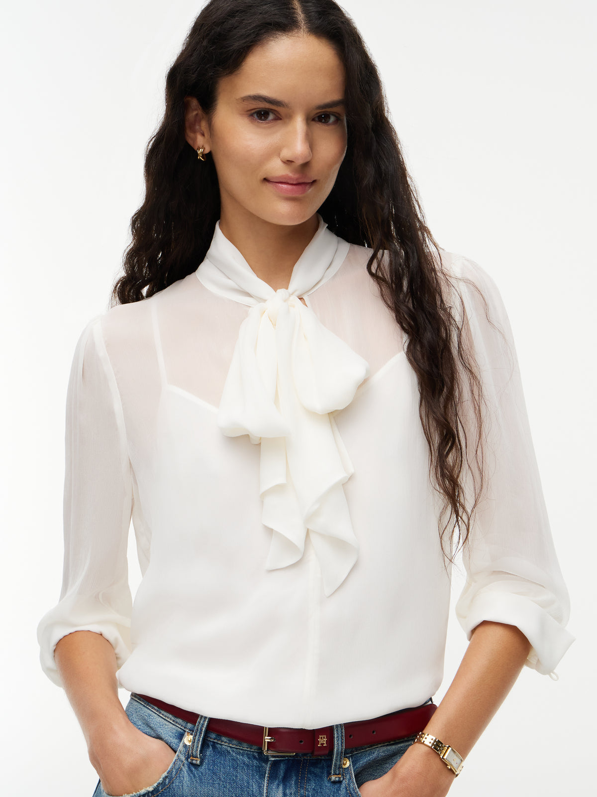 Cream Crinkle Georgette Bow Blouse