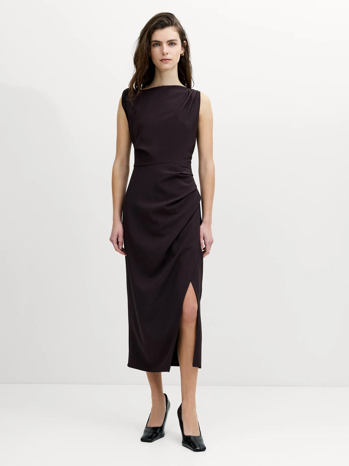 Carley Brown Sleeveless Draped Midi Dress