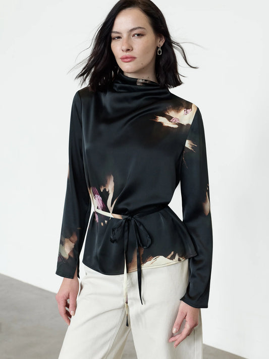 Paloma Black Floral Satin Tie Waist Top
