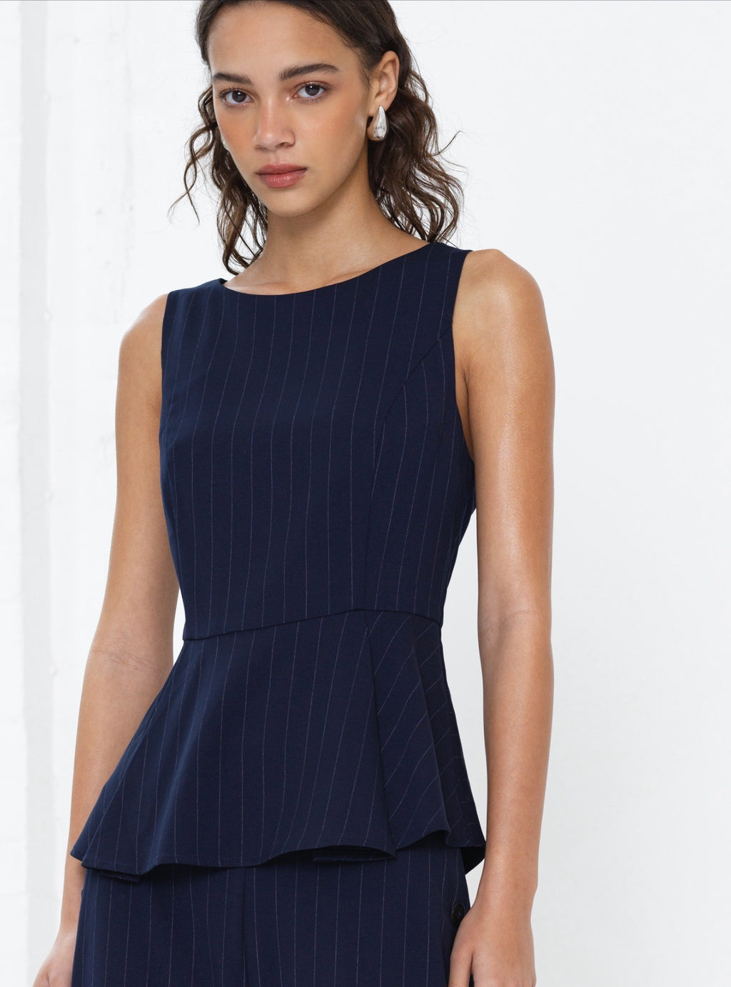 Alia Navy Pinstripe Peplum Top