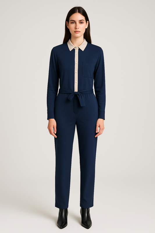 Nude Button Front Navy Wide Leg Jumpsuit