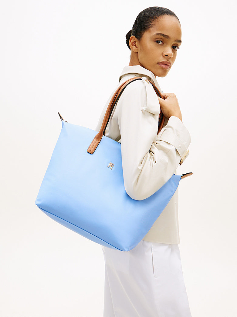 TH Monogram Contrast Handle Blue Tote Bag