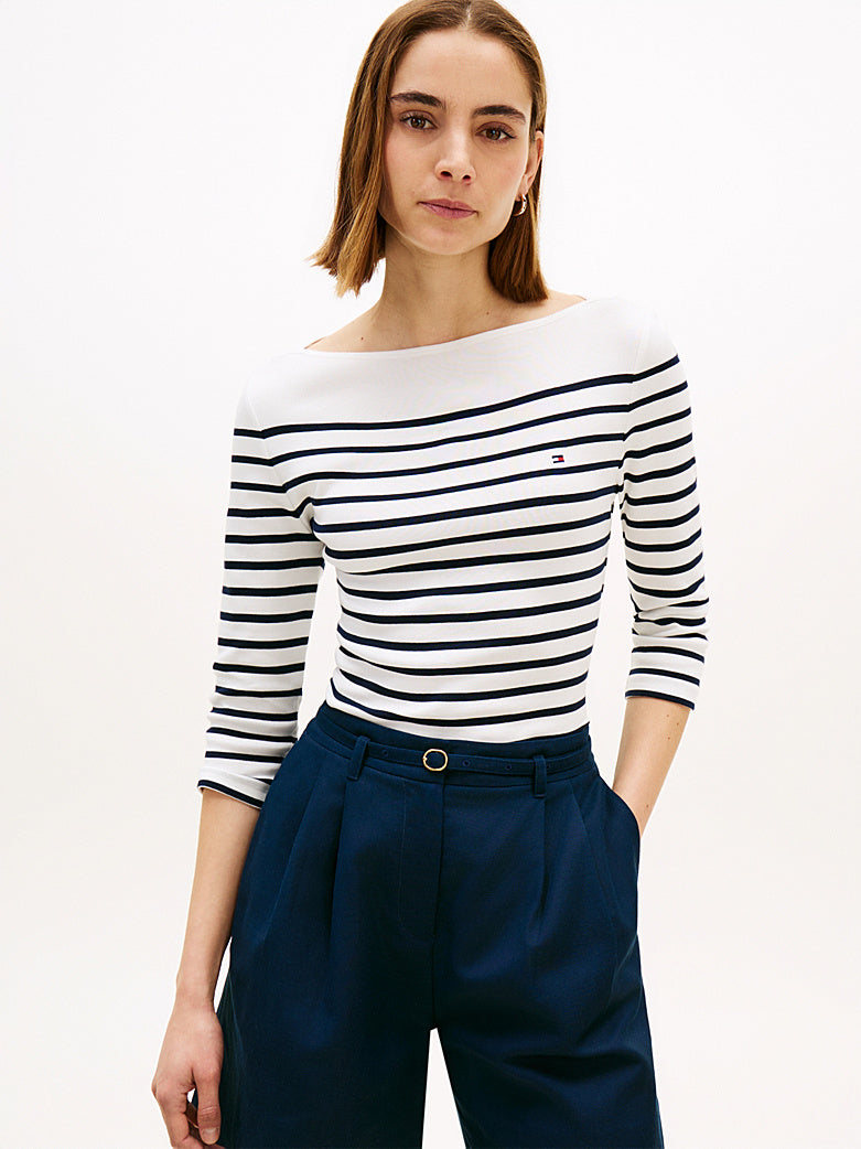 Slim Three-Quarter Sleeve Boat Neck T-Shirt