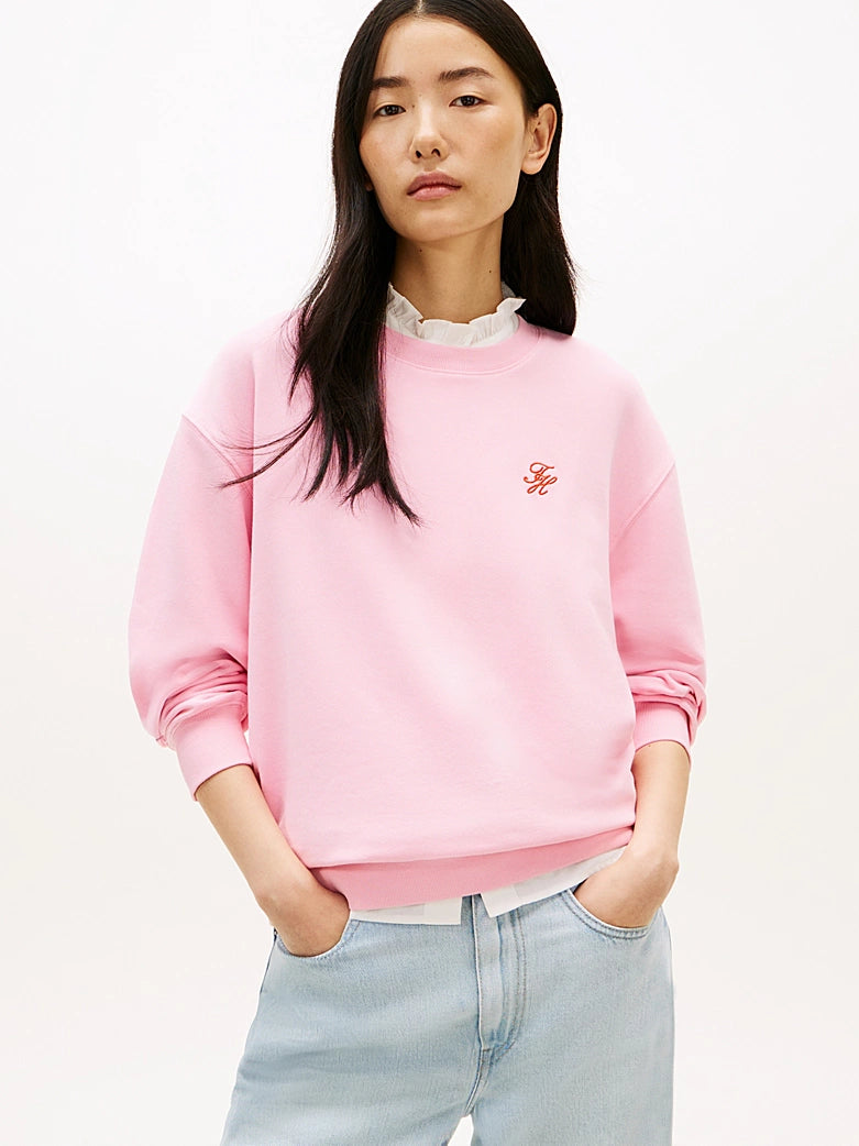 Logo Embroidery Pink Crew Neck Sweatshirt