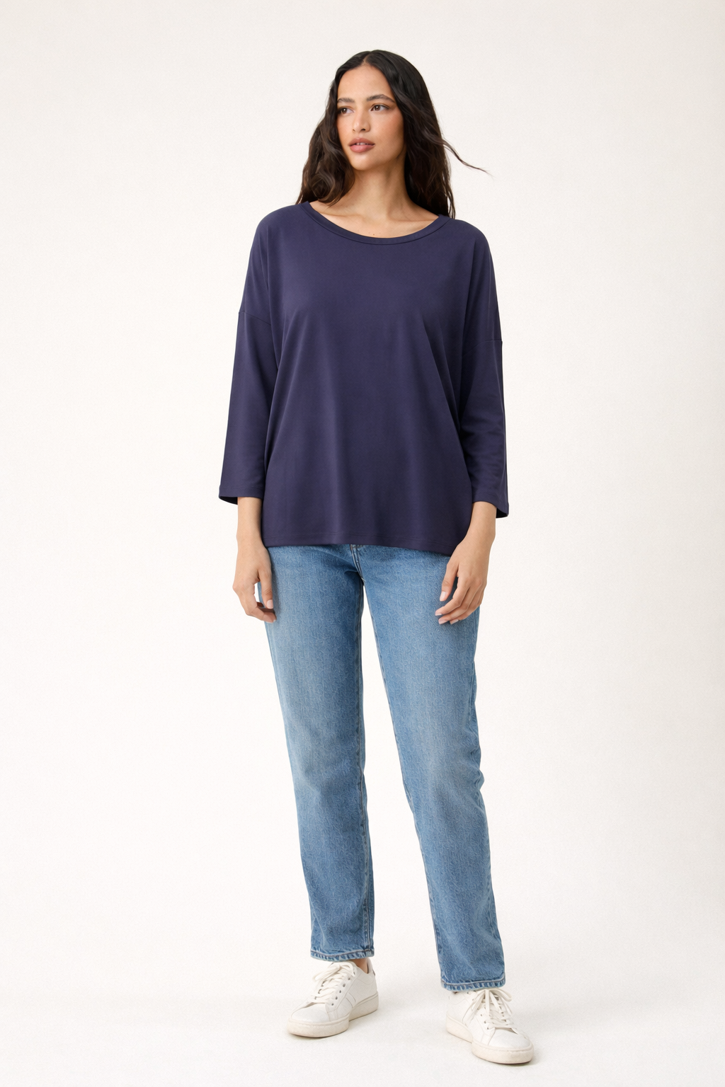 The Navy Viscose 3/4 Sleeve Top