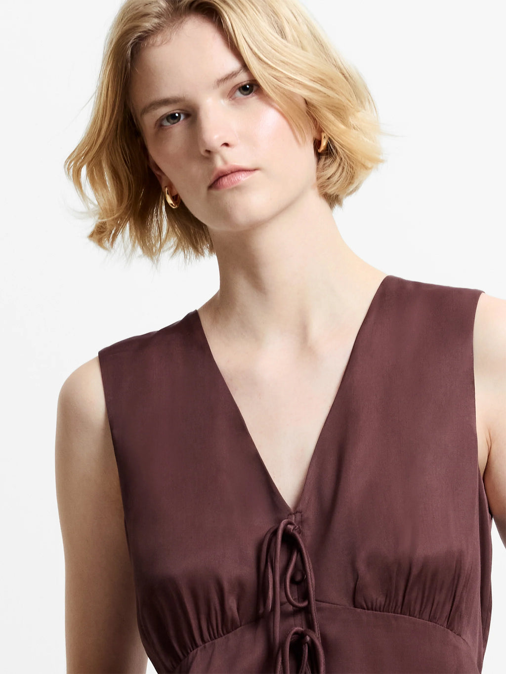 Candice Chocolate Satin Bow Tie-Up Top