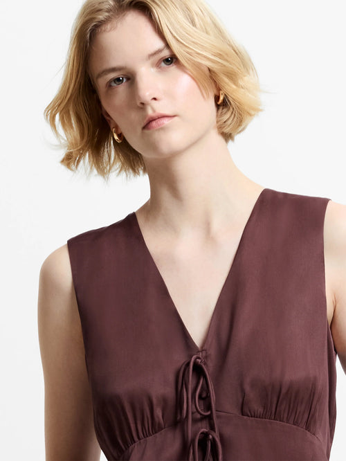 Candice Chocolate Satin Bow Tie-Up Top