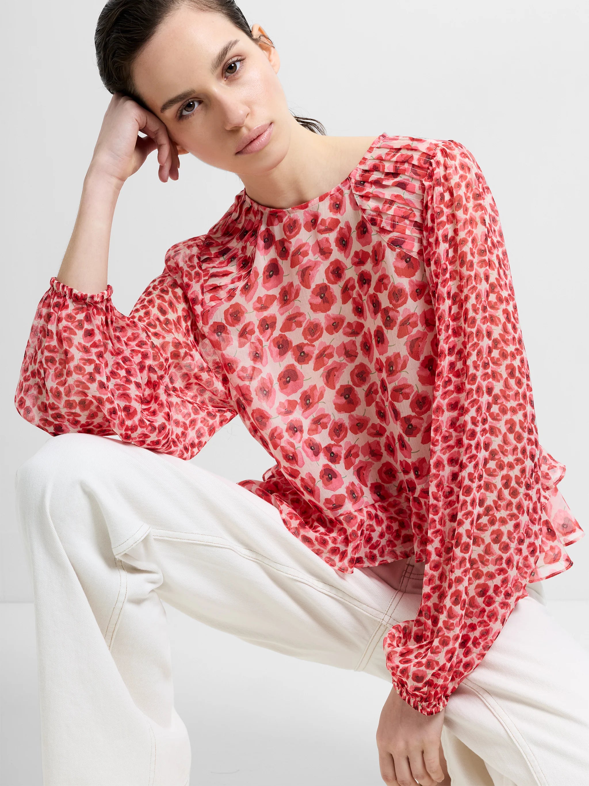 Poppy Semi-Sheer Red Floral Puff Sleeve Peplum Top