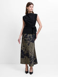 Aria Satin Khaki Green Floral Midi Skirt