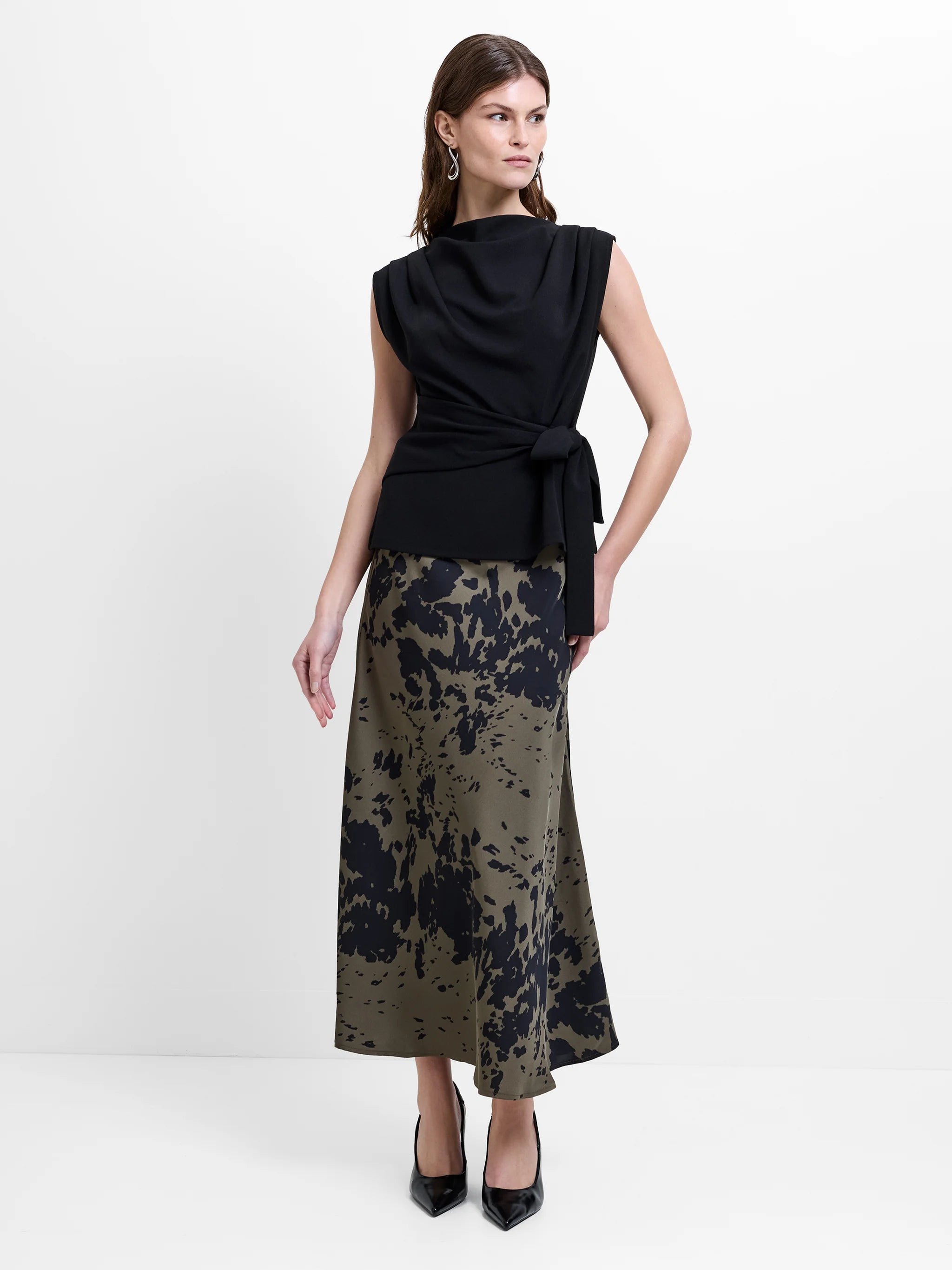 Aria Satin Khaki Green Floral Midi Skirt