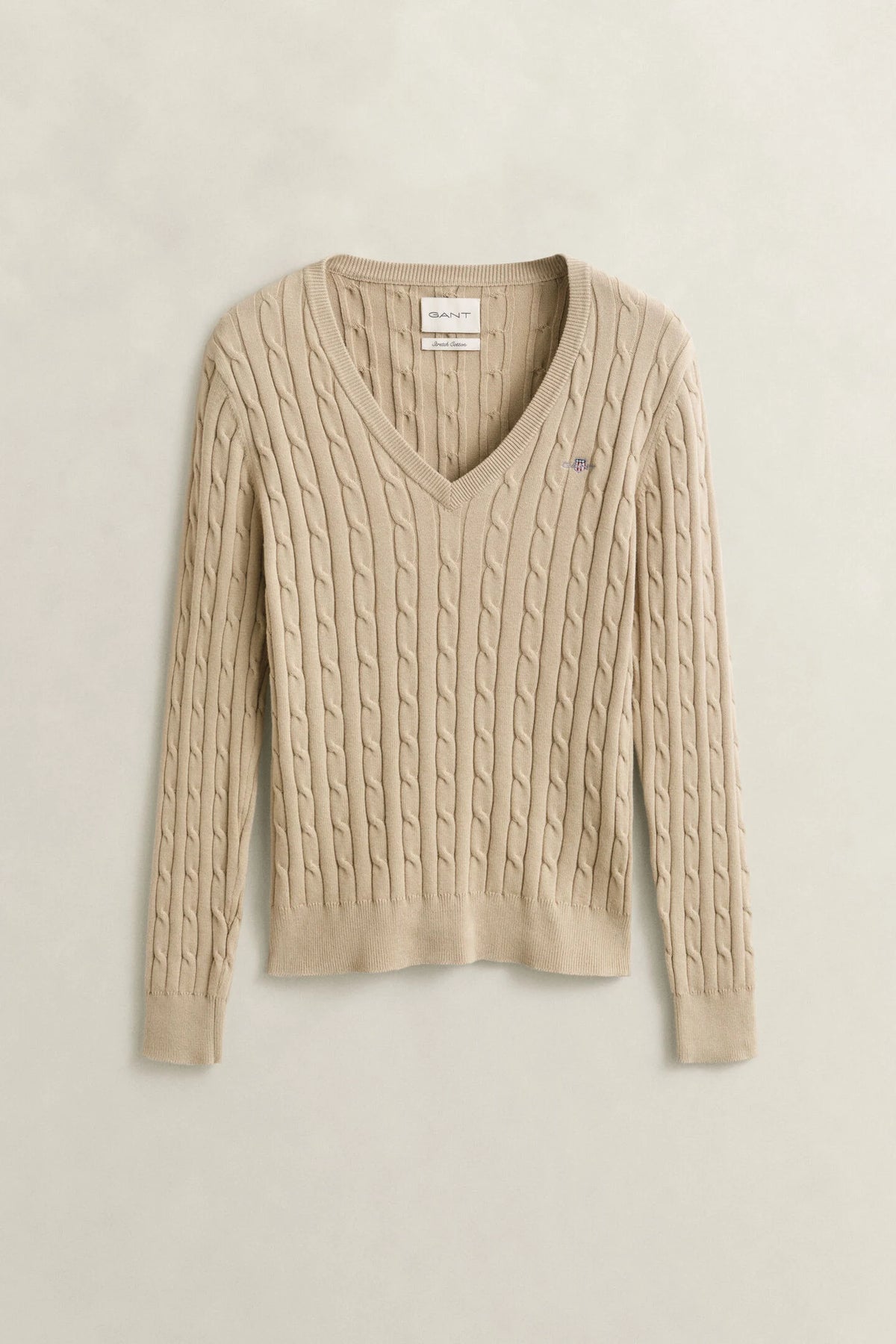 Oat Stretch Cotton Cable Knit V-Neck Sweater