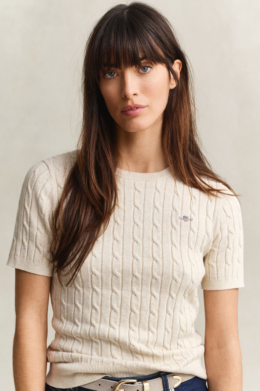 Faded Beige Stretch Cotton Cable Knit Short Sleeve Sweater