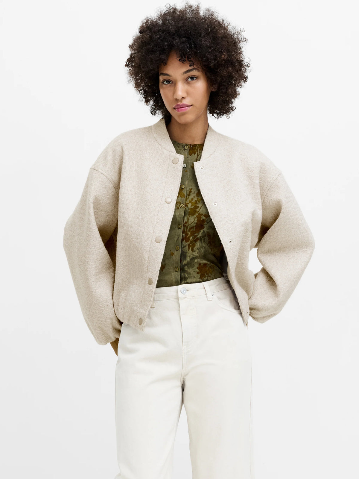 Nellie Oatmeal Textured Bomber Jacket