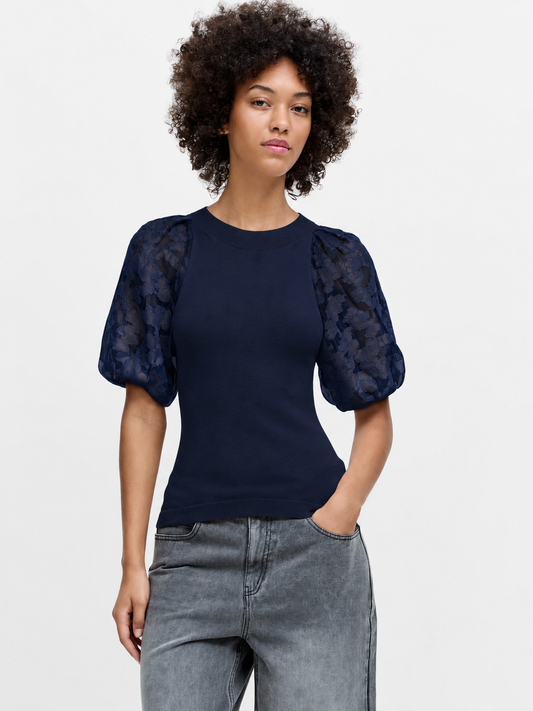 Krista Sheer Jacquard Puff Sleeve Knit Top